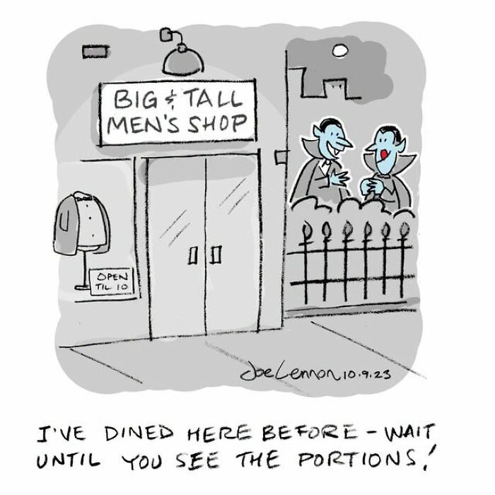 Halloween comic with two vampires outside Big and Tall Men's Shop joking about portions