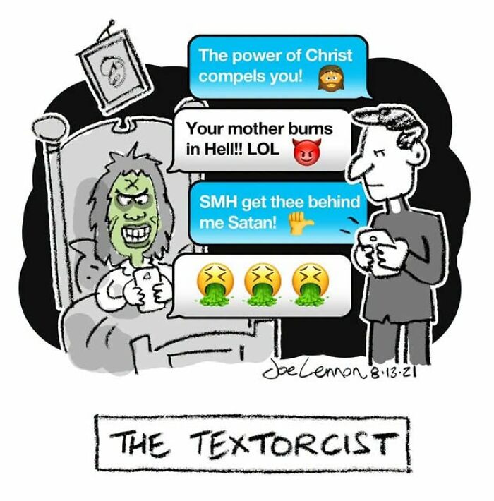 Halloween comic titled The Textorcist with monster and priest exchanging harsh text messages
