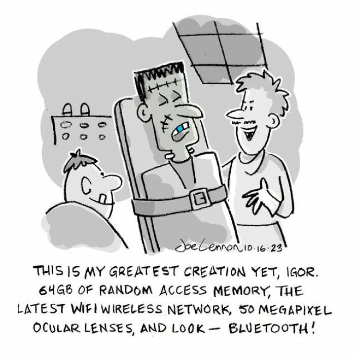 Halloween comic of Frankenstein computer with WiFi and Bluetooth features