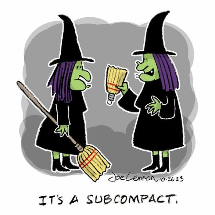 Halloween comic with witches discussing a subcompact broom