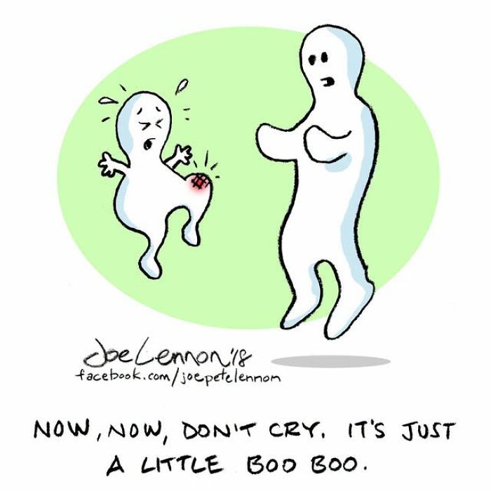 Halloween comic with ghost comforting another ghost with a boo boo