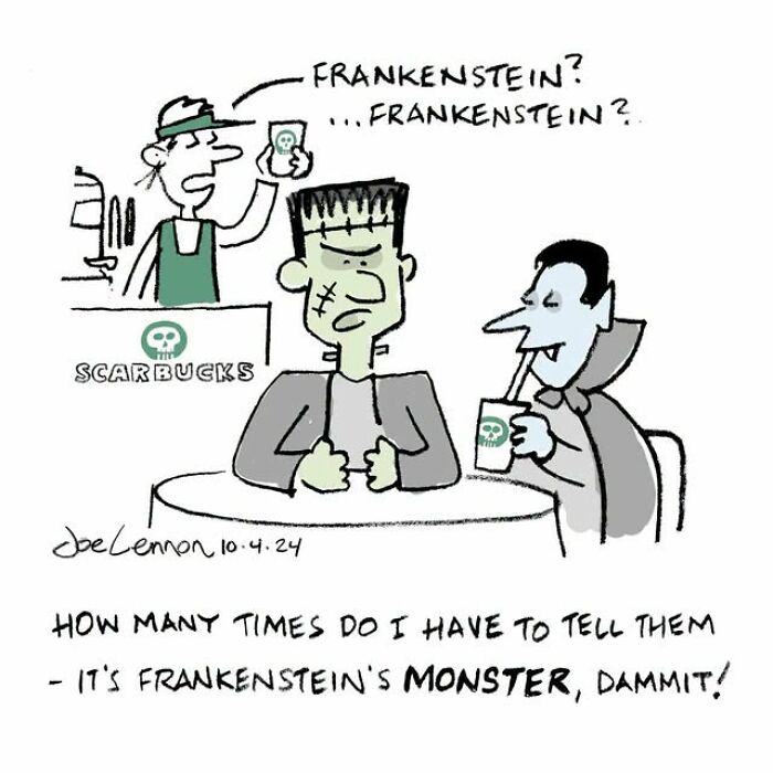 Halloween comic showing Frankenstein's monster frustrated at being misnamed at ScarBucks cafe