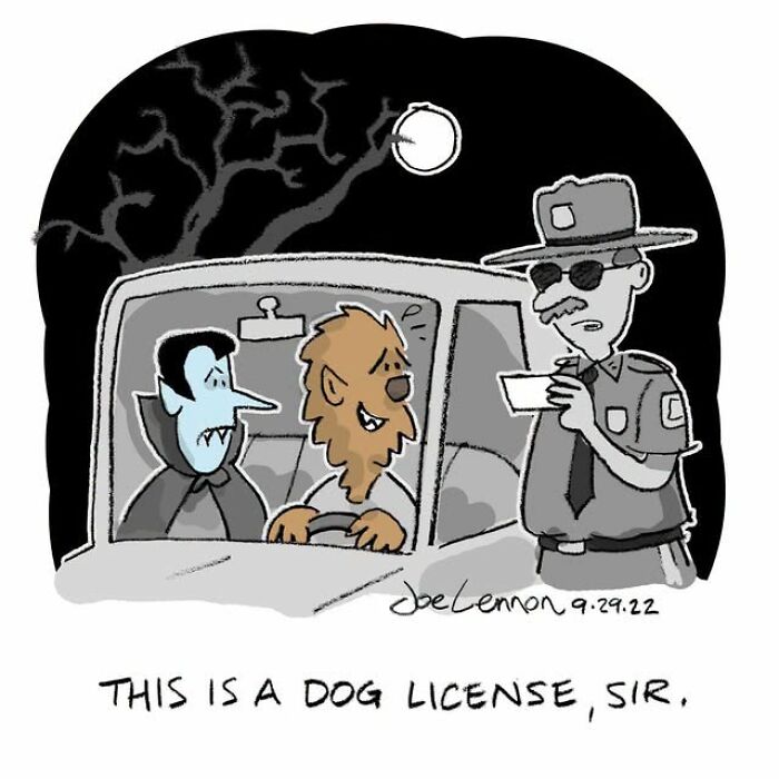Halloween comic of werewolf and vampire stopped by cop showing a dog license