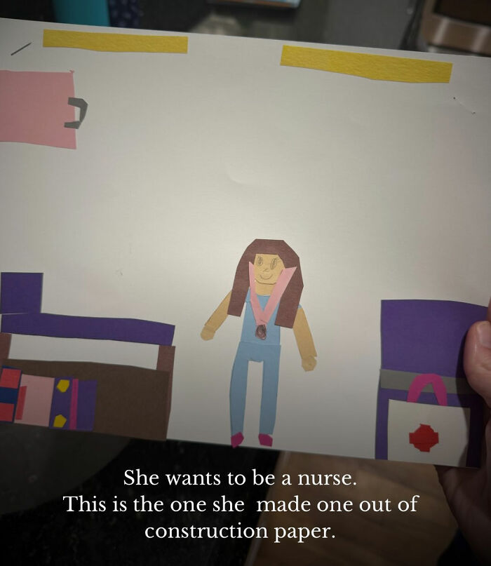Paper craft nurse drawing created by a young student before school AI image generation.