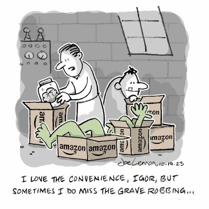 Halloween comic showing grave robbing replaced by Amazon boxes humor