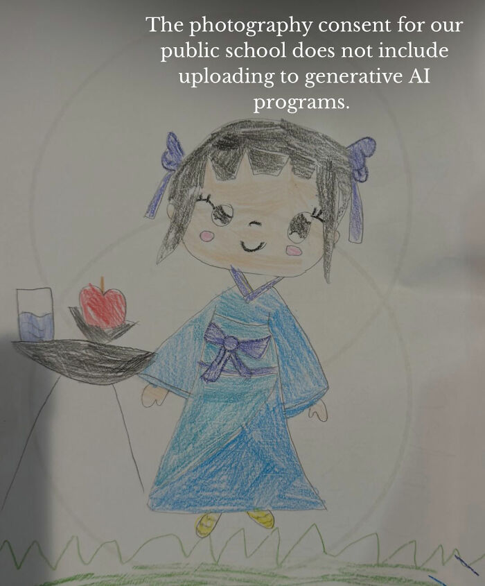 Child's artwork with text discussing photography consent and AI image generation at school.