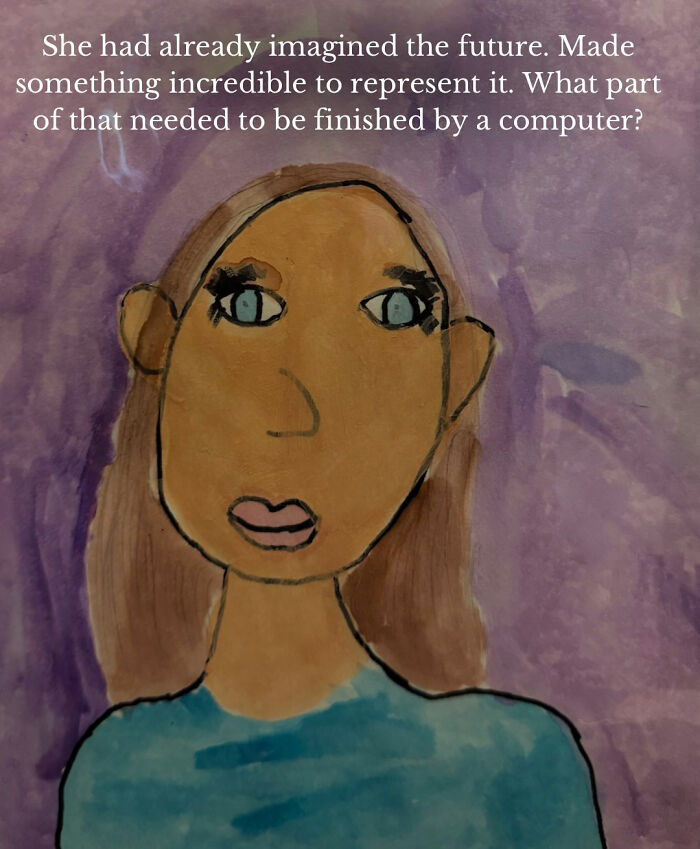 A hand-drawn watercolor self-portrait of a child in a blue shirt with overlay text questioning computer-generated art.
