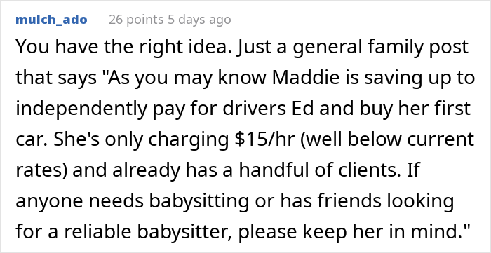 A online comment offering advice about an entitled aunt's Halloween invite regarding babysitting rates.