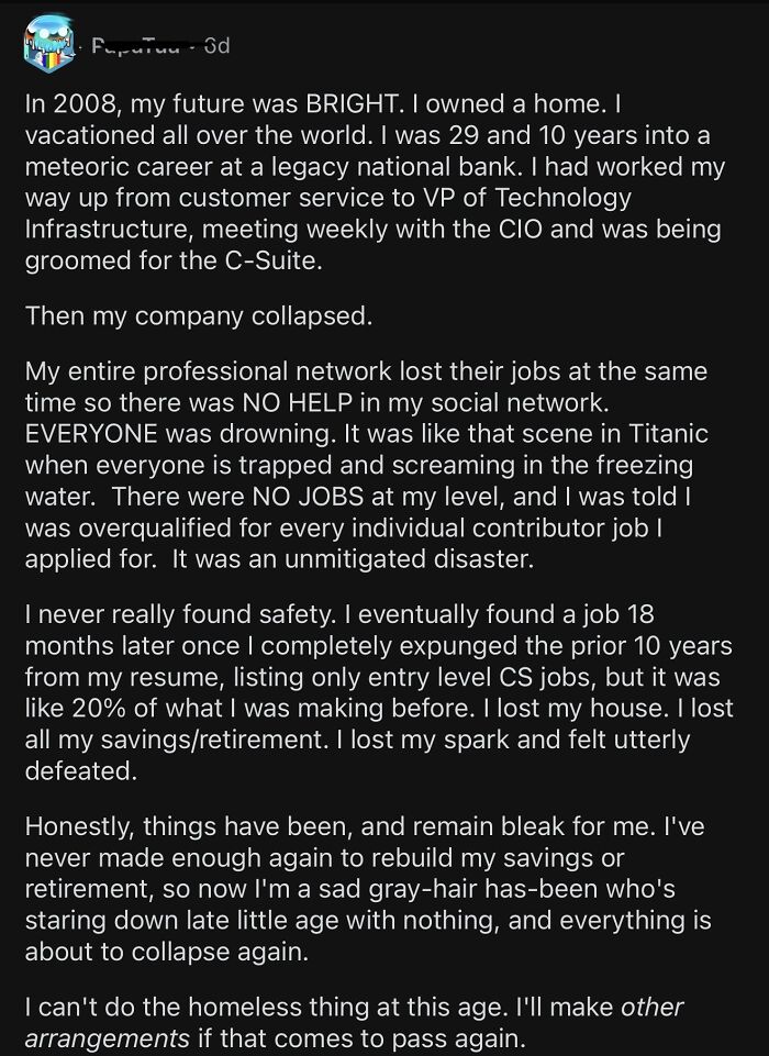 Text post sharing a personal story of job loss and financial hardship in modern life
