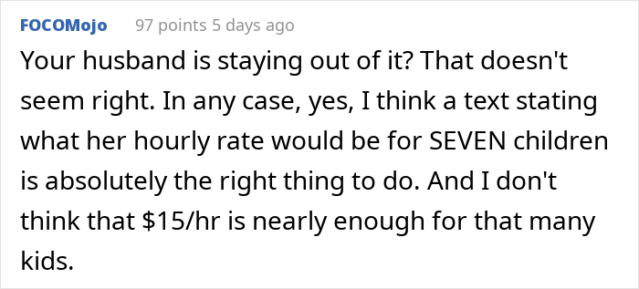 A comment criticizing the husband for staying out of the situation and discussing an hourly rate for babysitting.