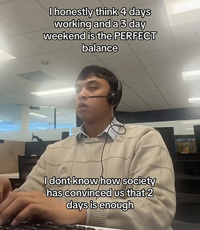 Man in office headset suggesting four-day workweek is the perfect balance