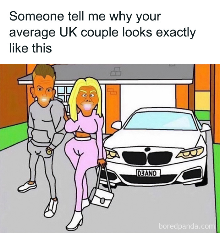 A meme comparing a typical UK couple to cartoon characters beside a luxury car, showcasing British memes