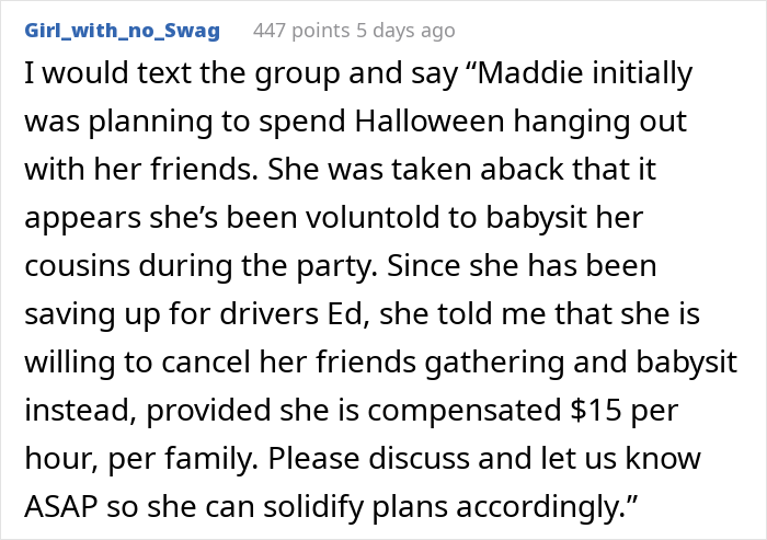 Online comment about an entitled aunt Halloween invite, advising to clarify teenager babysitting rates.