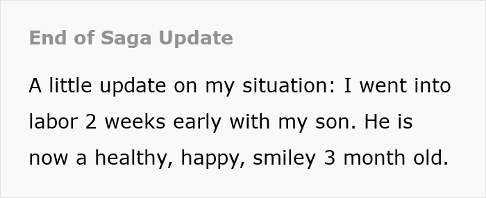 Update from a woman sets a clear boundary before giving birth saga, noting her son was born early. Update from a woman sets a clear boundary before giving birth saga, noting her son was born early.