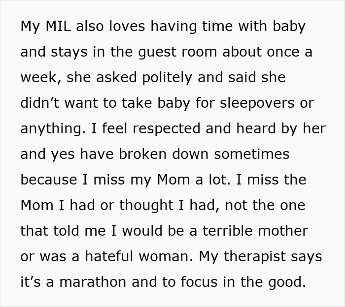 A text post discussing family dynamics, mother-in-law visits, and emotional reflections on parenthood.