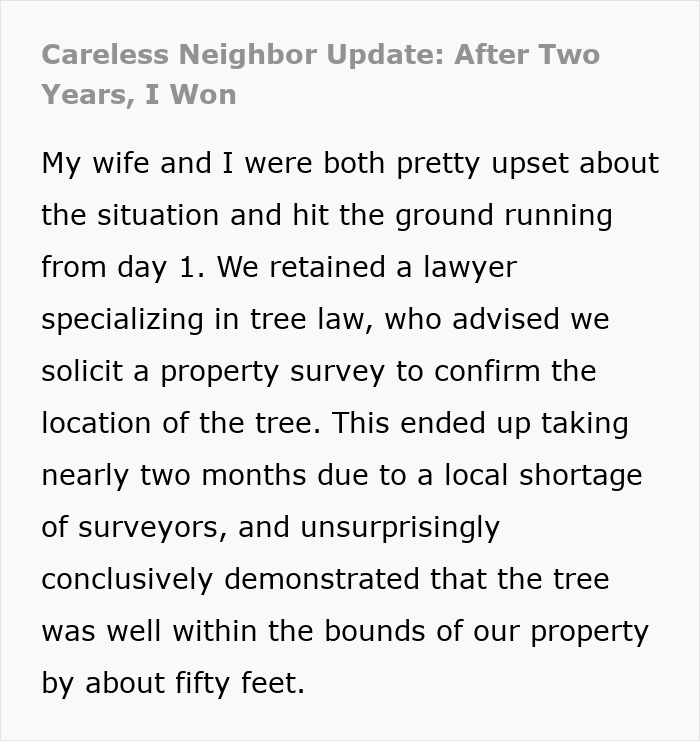 A text update on a legal win regarding a neighbor cuts down oak tree on private property A text update on a legal win regarding a neighbor cuts down oak tree on private property
