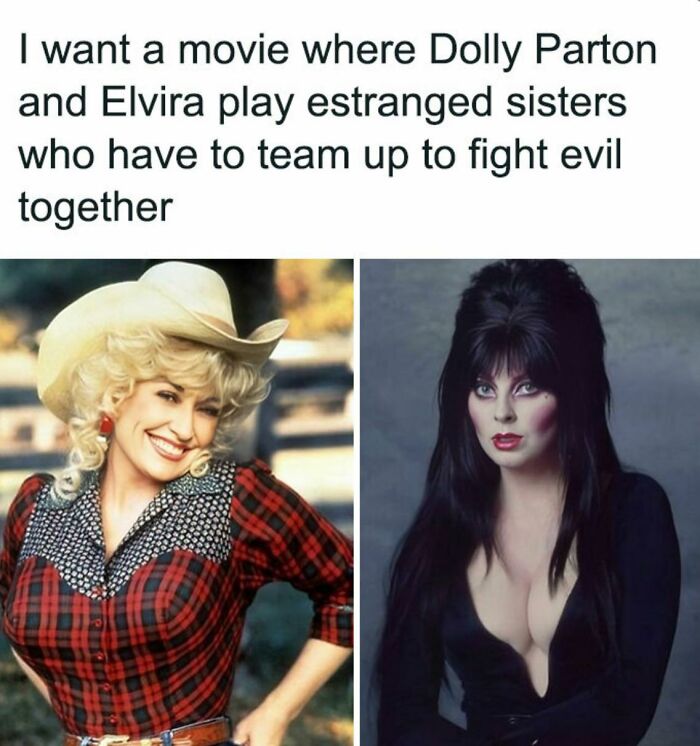 Split image of Dolly Parton and Elvira representing nostalgic photos of iconic 80s pop culture figures