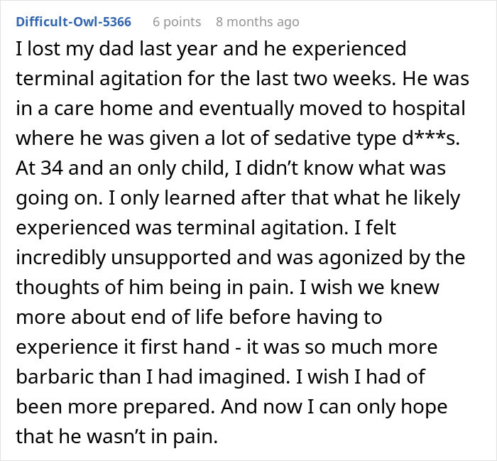 Screenshot of a comment discussing terminal agitation during end-of-life experiences. Screenshot of a comment discussing terminal agitation during end-of-life experiences.