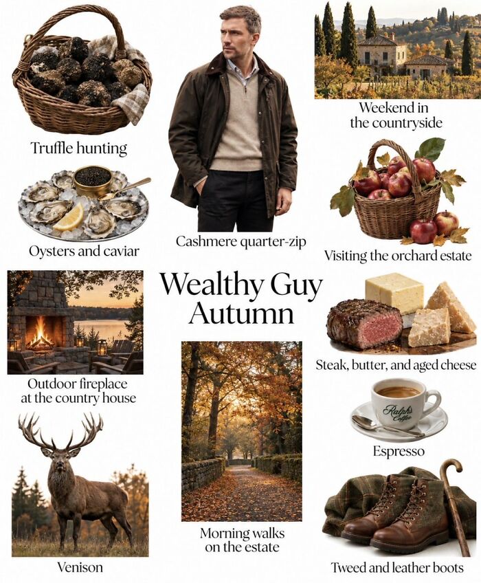 Wealthy guy autumn lifestyle with truffle hunting, cashmere quarter-zip, venison, and outdoor fireplace