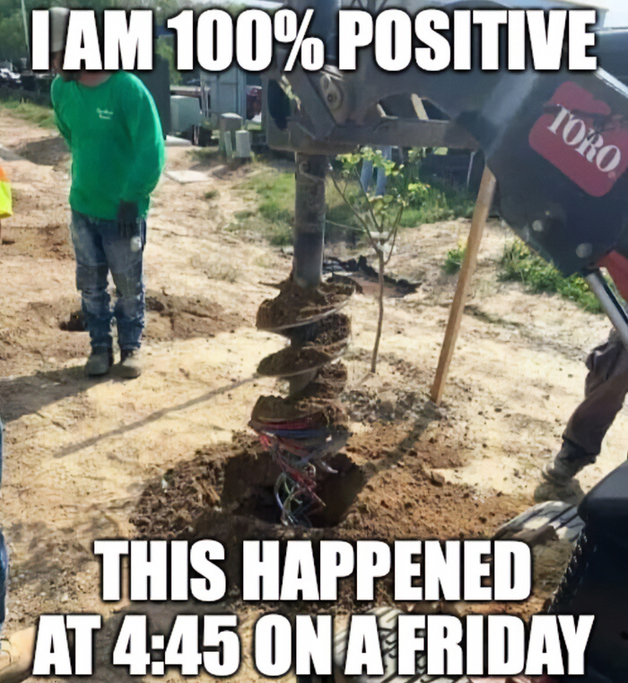 Auger drill tangling underground utility wires as part of construction fails memes