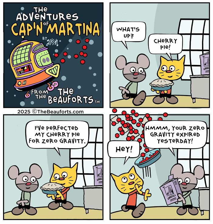 Funny space comics panel showing a cat lose floating cherries from a pie after zero gravity expires Funny space comics panel showing a cat lose floating cherries from a pie after zero gravity expires