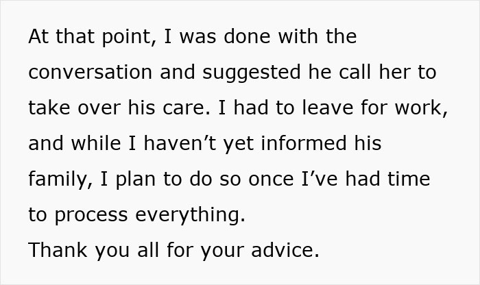 Text snippet describing a woman leaving her boyfriend to process his infidelity after heart surgery.