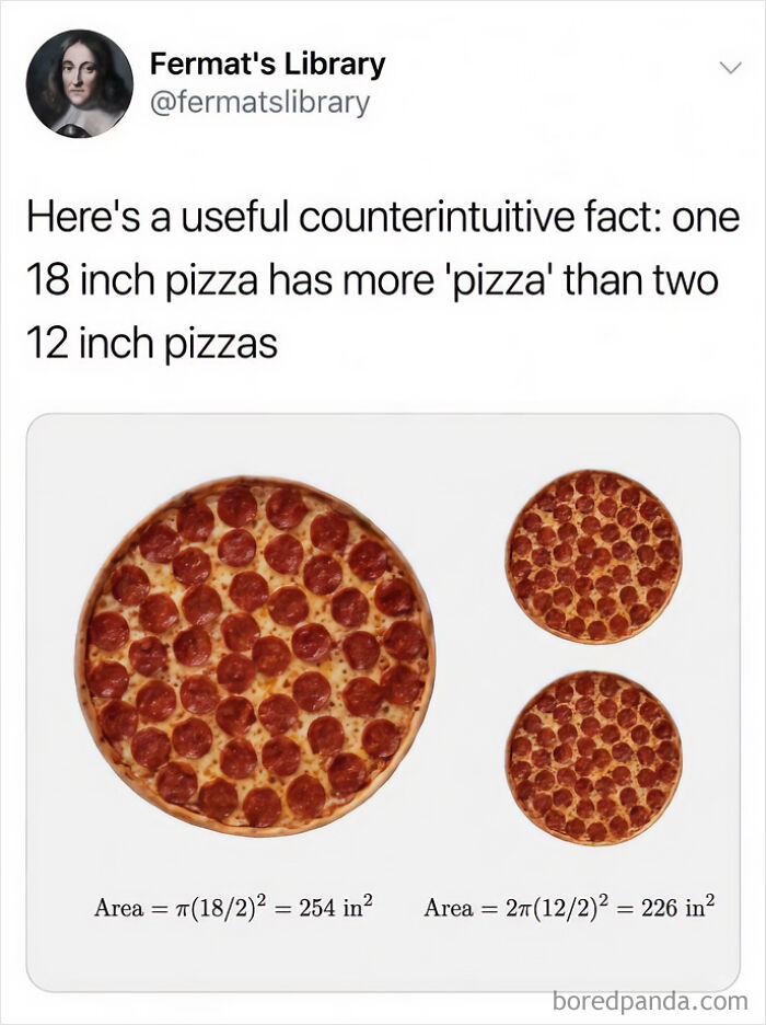 Diagram comparing the total surface area of one large pizza versus two smaller ones in physics posts.