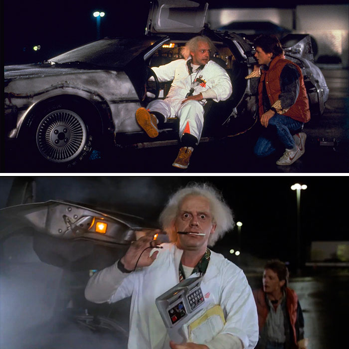 Two scenes featuring Christopher Lloyd as Doc Brown alongside the DeLorean in Back to the Future Two scenes featuring Christopher Lloyd as Doc Brown alongside the DeLorean in Back to the Future