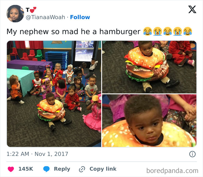 A young boy looking upset in a hamburger costume featured in funny Halloween tweets.