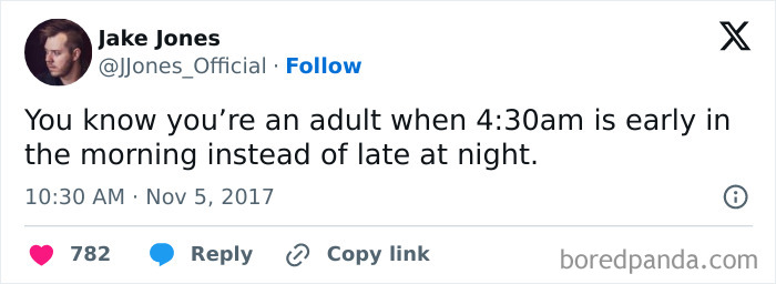 Meme about adulthood defined by 4:30 am being early morning