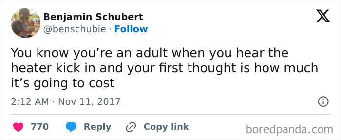 Adult meme about heater cost as a sign of growing up