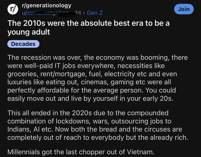 Text post discussing economic conditions in the 2010s and financial struggles in modern life