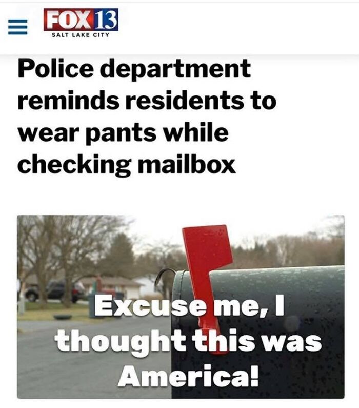 Absurd signs headline news about police reminding residents to wear pants at the mailbox.