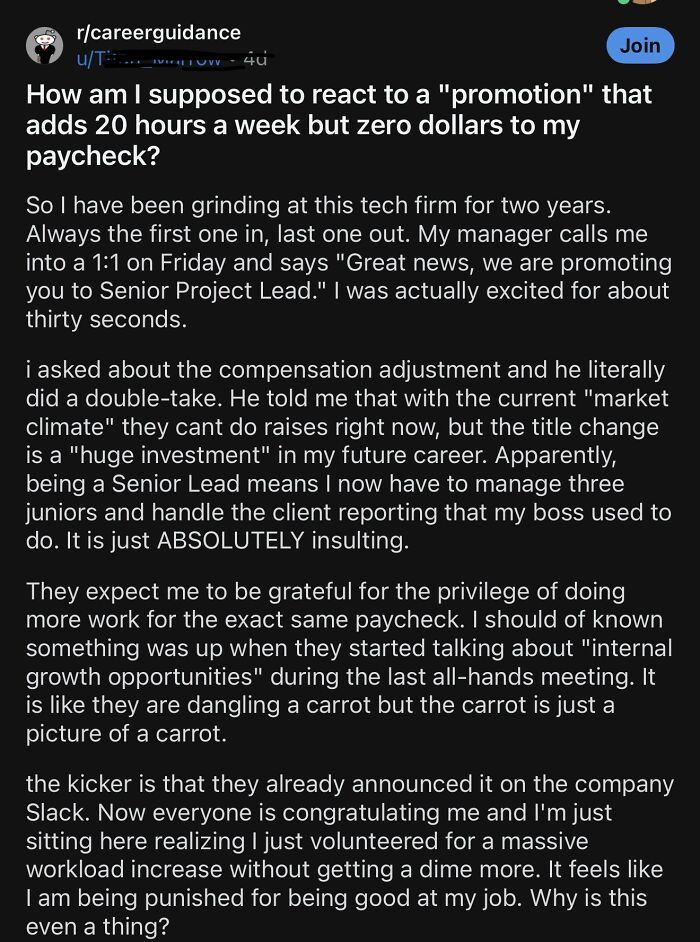 Post about unpaid promotion and increased workload in financial dystopia