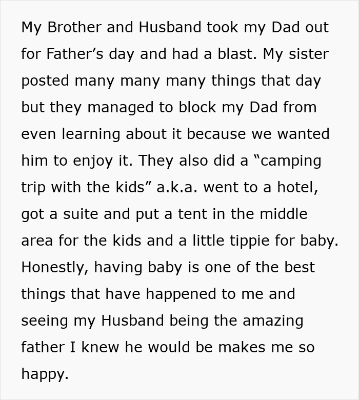 A black and white text post sharing a story about a family trip and celebrating a husband.