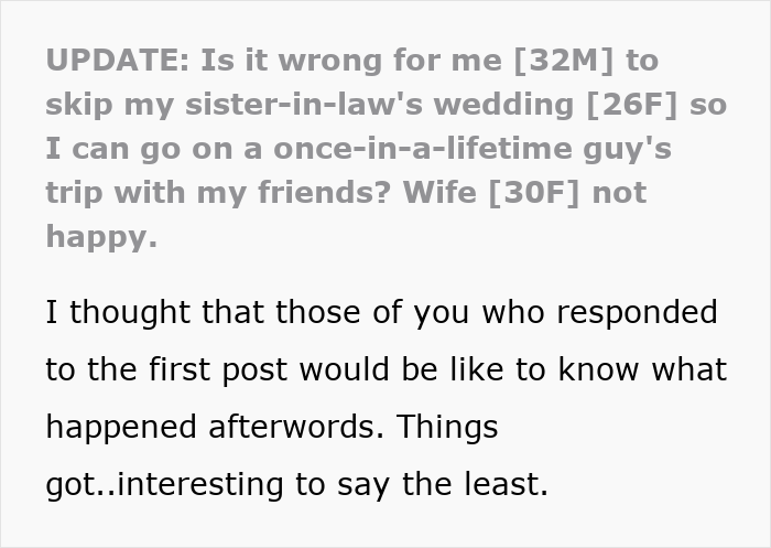 Online update post about choosing an Australia Trip over a SIL's Wedding and the resulting relationships in trouble. Online update post about choosing an Australia Trip over a SIL's Wedding and the resulting relationships in trouble.