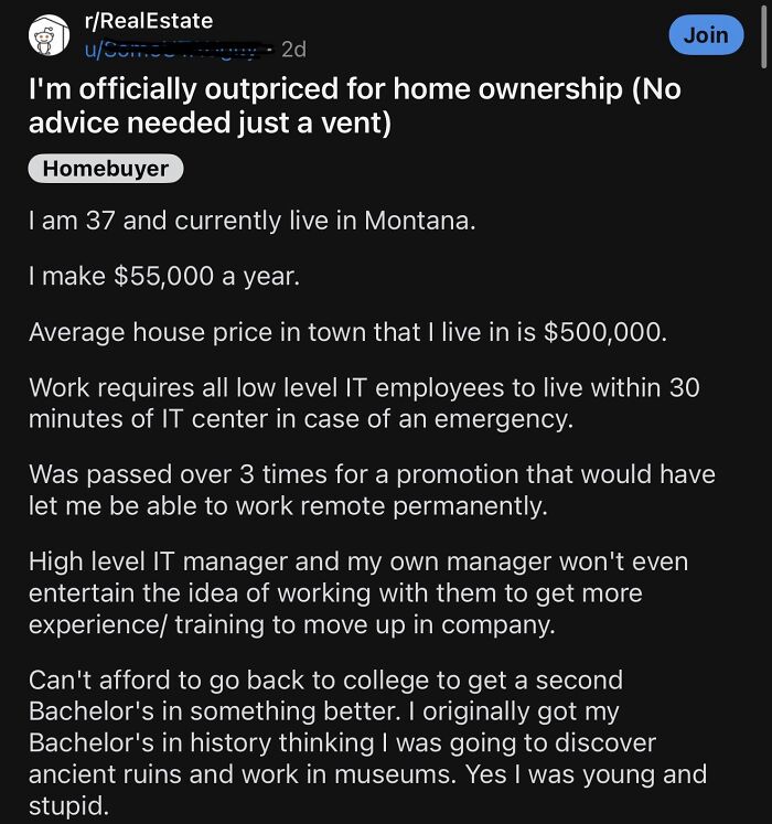 Post about being outpriced for home ownership and financial struggle