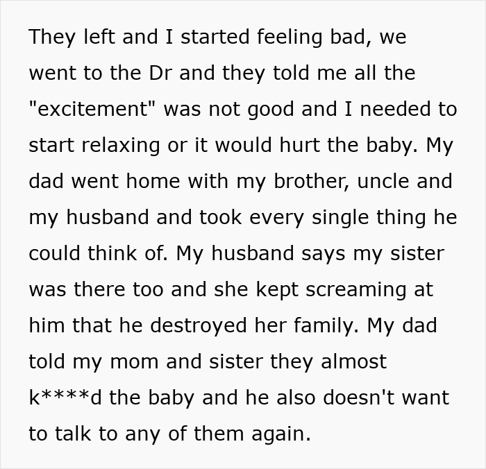 Text update detailing how a sister helps him cross every boundary causing severe stress during pregnancy