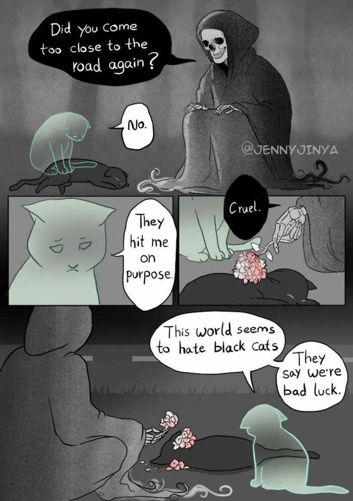 D***h and black cats depicted in emotional animal comics by artist