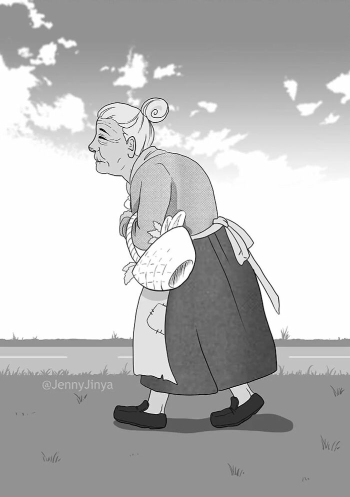 Old woman walking with basket in emotional animal comics