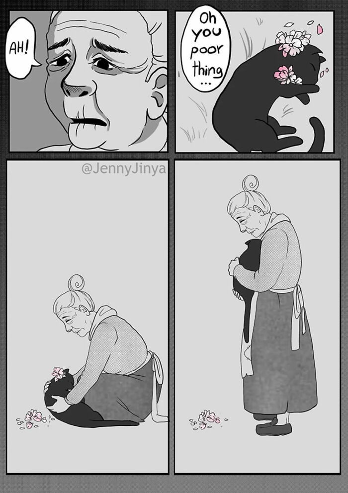 Emotional animal comics show woman comforting injured cat