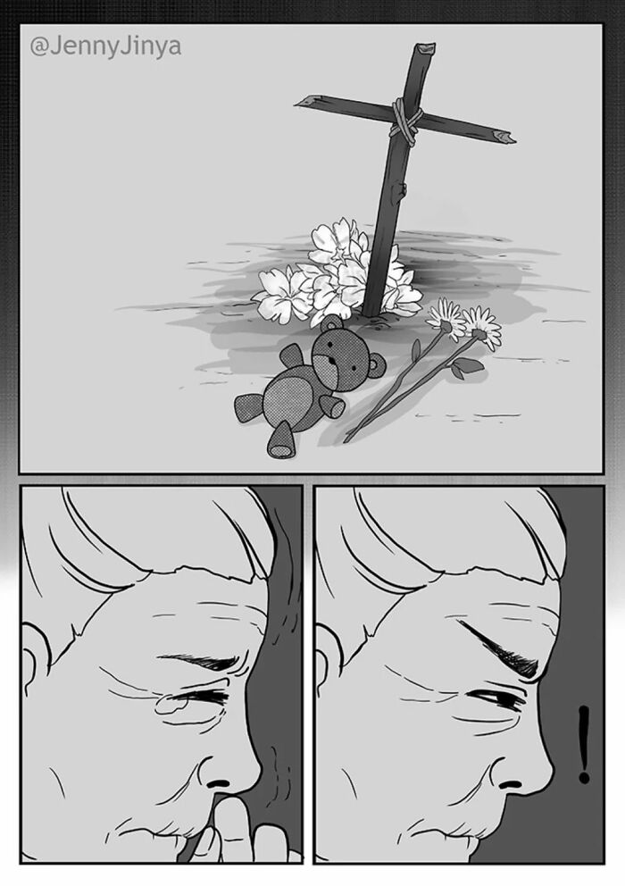 Tomb with flowers and teddy bear in emotional animal comics