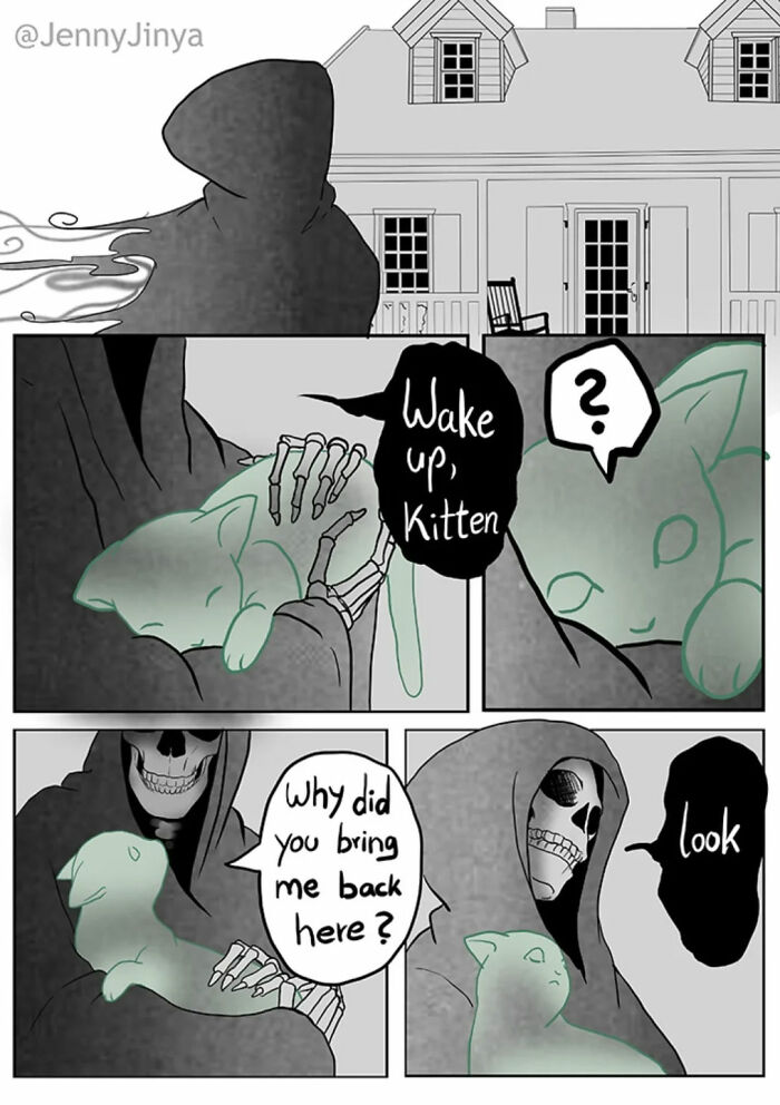Grim reaper holding glowing black kitten asking why it was brought back in comics