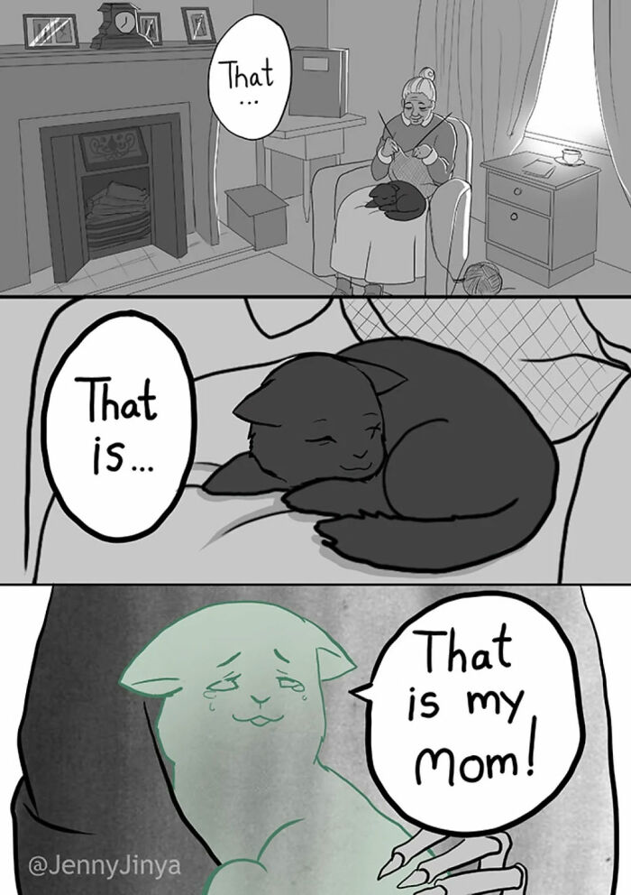 Older woman knitting with black cat on lap as kitten sees her in emotional animal comics