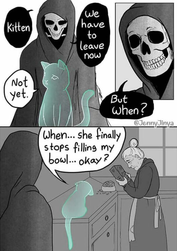 Emotional animal comics showing a ghost cat talking to the Grim Reaper about leaving.