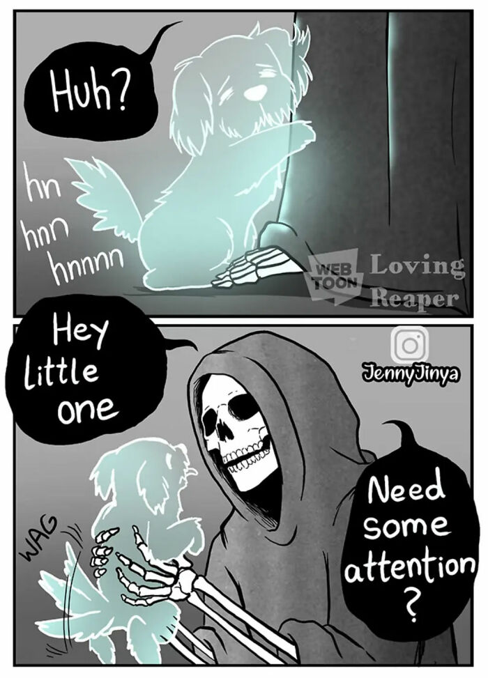 Emotional animal comics featuring a ghost dog seeking attention from the Grim Reaper.