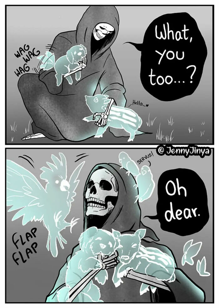 Grim Reaper surrounded by various animal spirits in emotional animal comics.