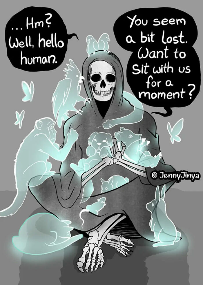Grim Reaper welcoming human surrounded by spirits in emotional animal comics.