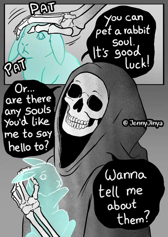 Grim Reaper offering to connect with rabbit souls in emotional animal comics.