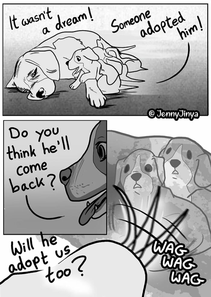 Comic showing dogs hoping for adoption of their brother in emotional story